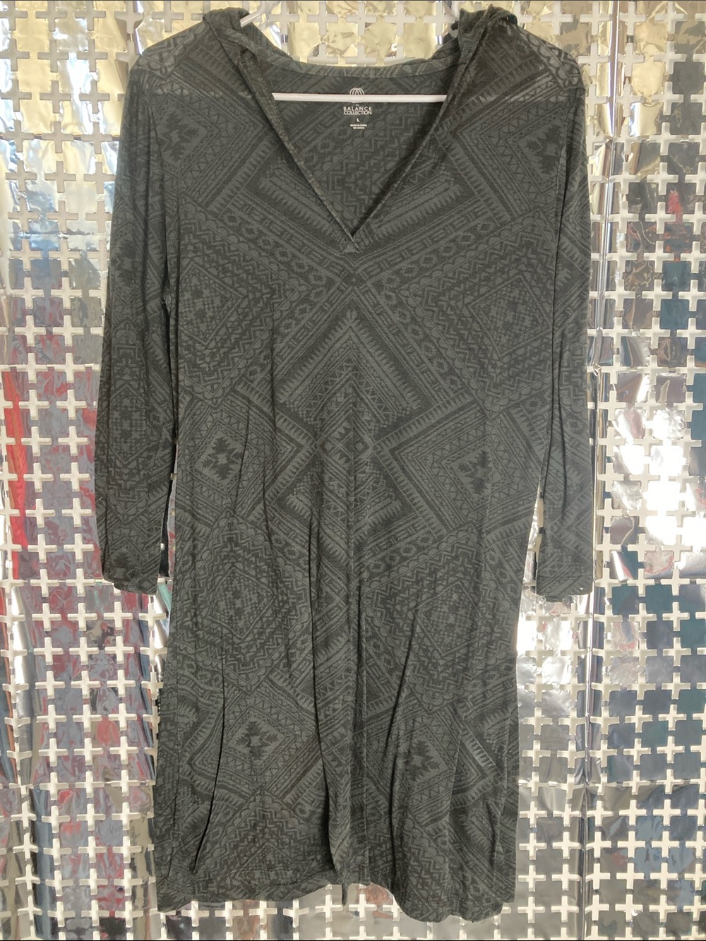 Balance Collection Long Sleeve Hooded V-Neck Dress in Charcoal Gray